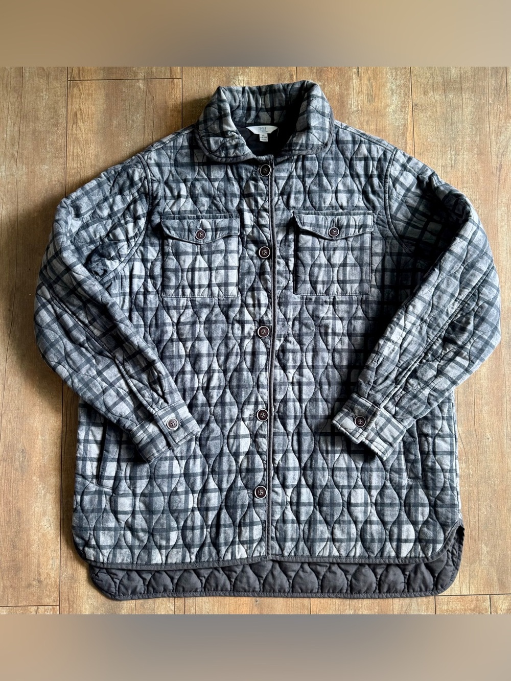 Time and Tru Quilted Gray Button Down Plaid Jacket Coat Size XL 16-18